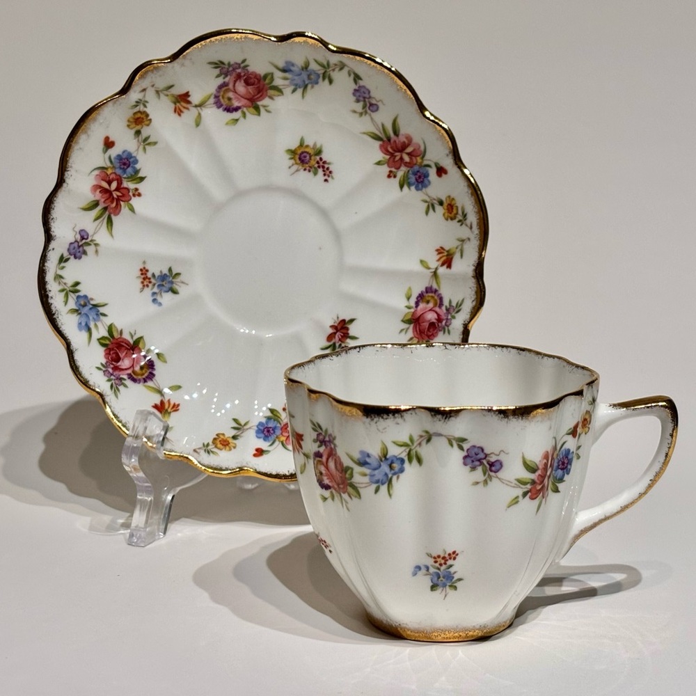 Old Royal Bone China Floral Gold Trim Teacup and Saucer Set Crafted In England